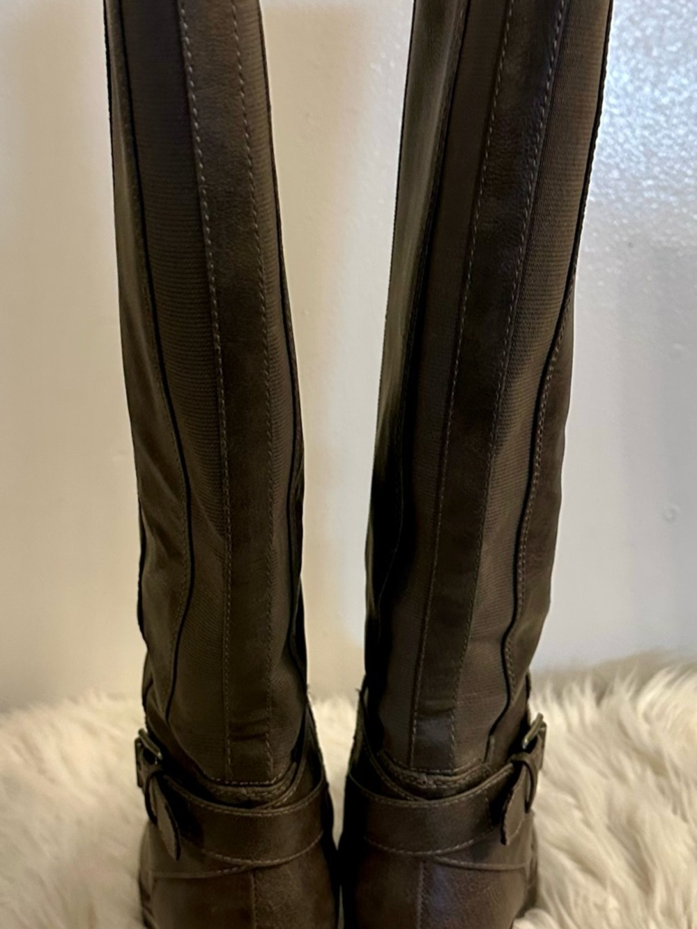 Bare Trap Wide Calf Knee-High Buckle Riding Boots in Taupe - Picture 4 of 9